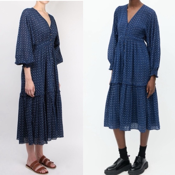 Ulla Johnson Paulette Blue Dress Cotton Size 2 Patterned Floral Ditsy Midi Dress - Picture 6 of 17